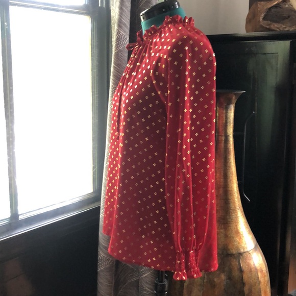 Time and Tru Red & Gold Dress Blouse w/ Ruched collar and Smocked Sleeve Cuffs - Picture 4 of 13